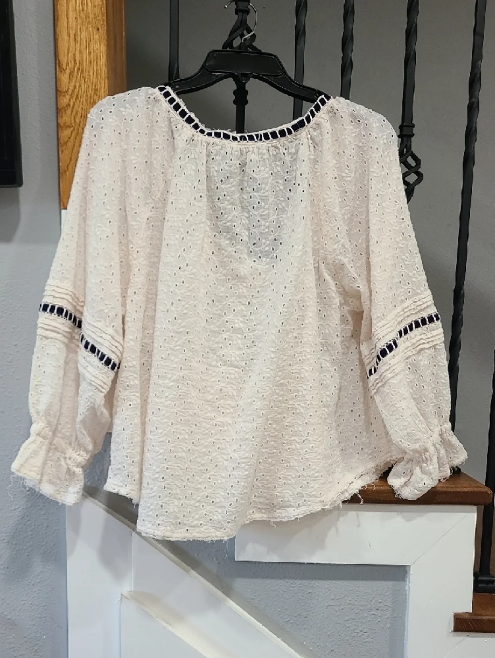 Free People Cream Eyelet Peasant Top with Navy Trim